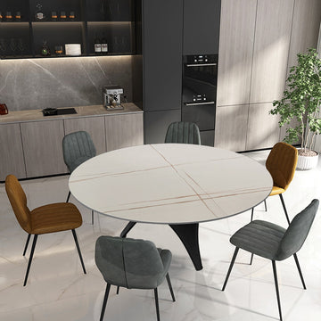 47.2" Round White Faux Marble Dining Table Black Base